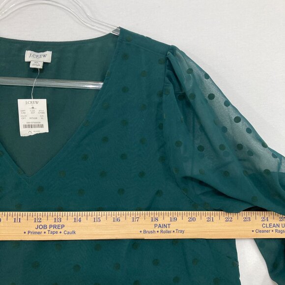 New J. Crew size XL Green V Neck Swiss Dot Long Sleeve Chiffon Blouse Preppy - Picture 7 of 12